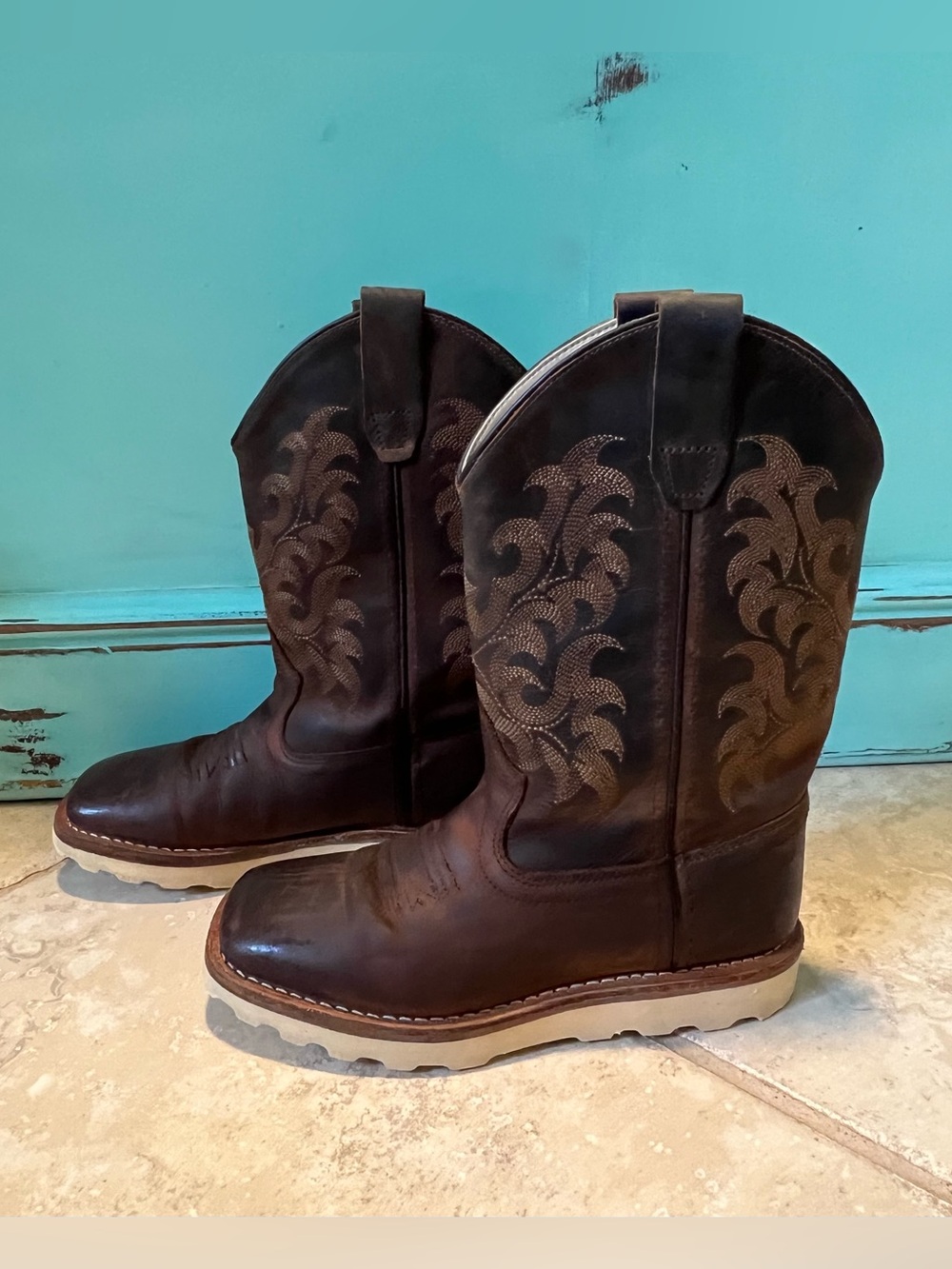 Old West Kids Dark Clay Distressed Brown Western Boots BSC1953 Kids Size 1D